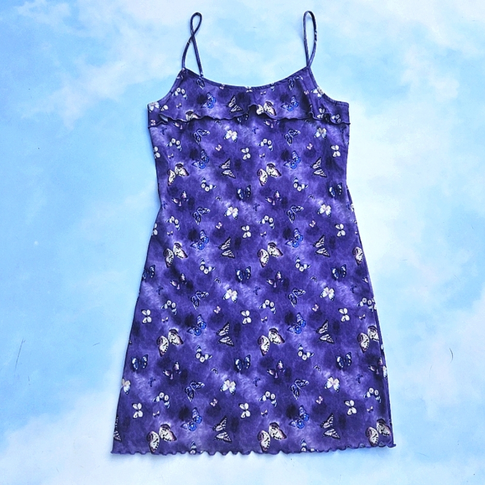 Purple Y2K Mini Dress, Spaghetti Strap Purple Butterfly Print Mini Dress 90s
